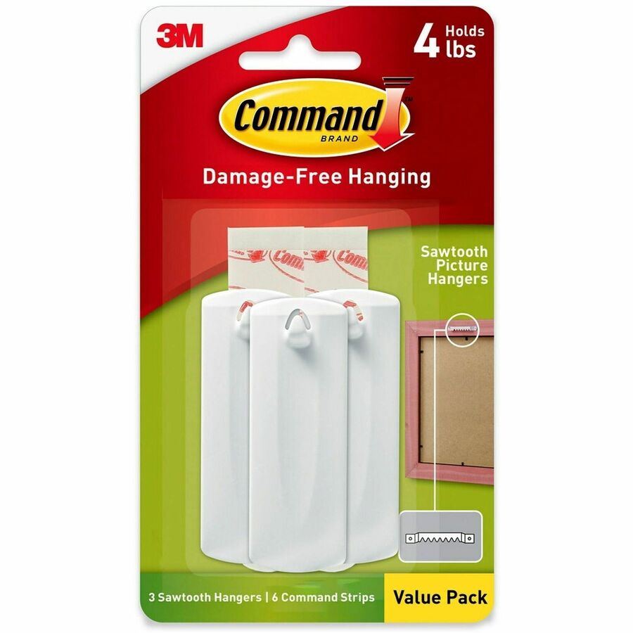 Command Sawtooth Picture Hangers - 3 Hangers - 4 lb (1.81 kg) Capacity - Durable - Adhesive - for Pictures, Frame, Wall, Wood, Glass, Tile, Metal - White - 1 Pack