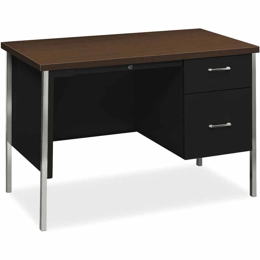 HON 34000 Series B/F Single Pedestal Metal Desk - Rectangle Top - Polished, Chrome Base - Retro Style - 2 Drawers - 4 Legs - 24" Table Top Length x 45.20" Table Top Width - 29.50" Height - File, Supplies, Storage, Office - Assembly Required - Black, Br...