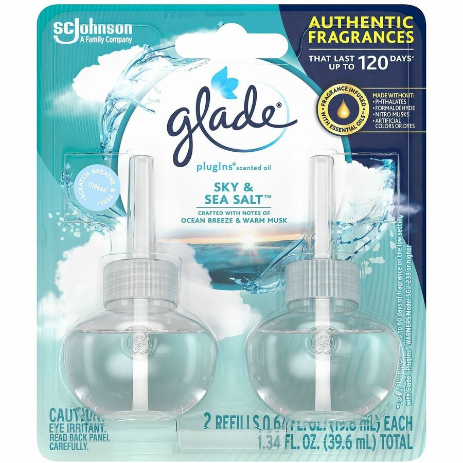 Glade PlugIns Refill - Oil - 550 Sq. ft. - 0.6 fl oz (0 quart) - Sky & Sea Salt - 60 Day - Paraben-free, Phthalate-free, Nitro Musk Free, Formaldehyde-free, Long Lasting - 2/Pack - 6 / Carton
