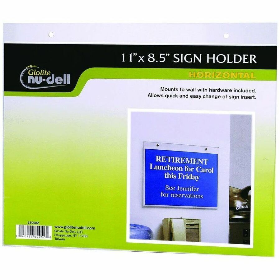 nudell Plastic Sign Holders - Print/Message - "Landscape - Wall Mountable - Mounting Hole, Easy Installation - Sign, Notice, Document - Plastic - Clear - 1 Each