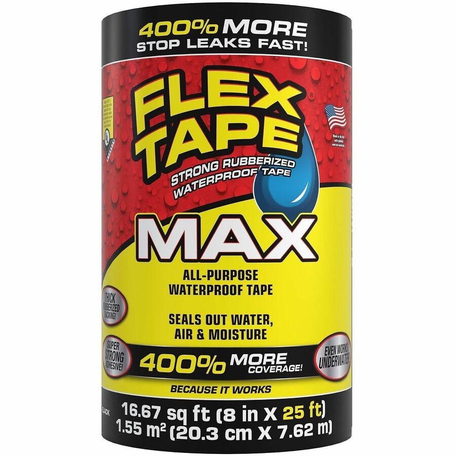 FLEX SEAL Flex Tape - 25 ft Length x 8" Width - Black - Water Resistant, Moisture Resistant, UV Resistant, Temperature Resistant, Weather Resistant, Water Proof - For Multipurpose, Multi Surface - 3 / Carton