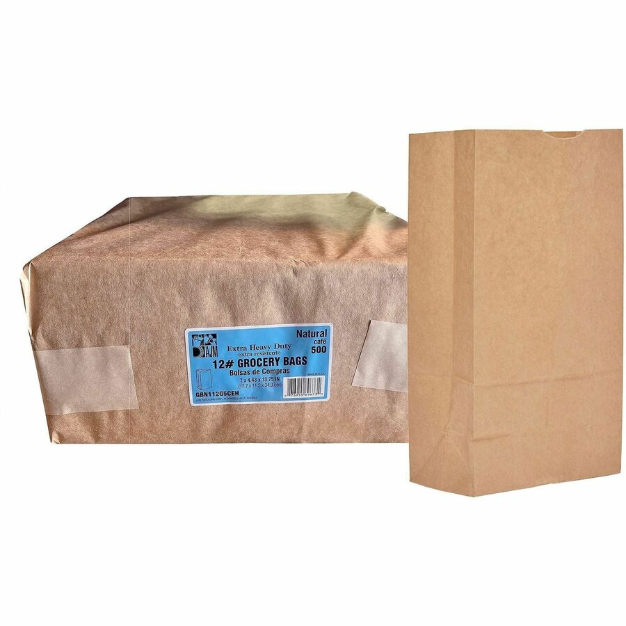AJM #12 Extra Heavy-Duty Kraft Paper Grocery Bags - #12 - Natural Kraft - Paper - Grocery, Supplies - 500 / Carton
