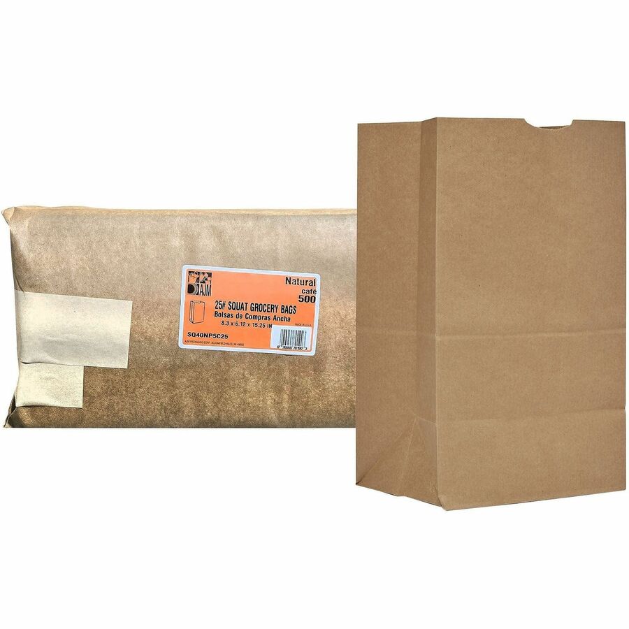 AJM #25 Squat Kraft Paper Grocery Bags - #25 - 6.10" Length x 8.25" Width - Natural Kraft - Paper - Grocery - Recycled - 500 / Carton