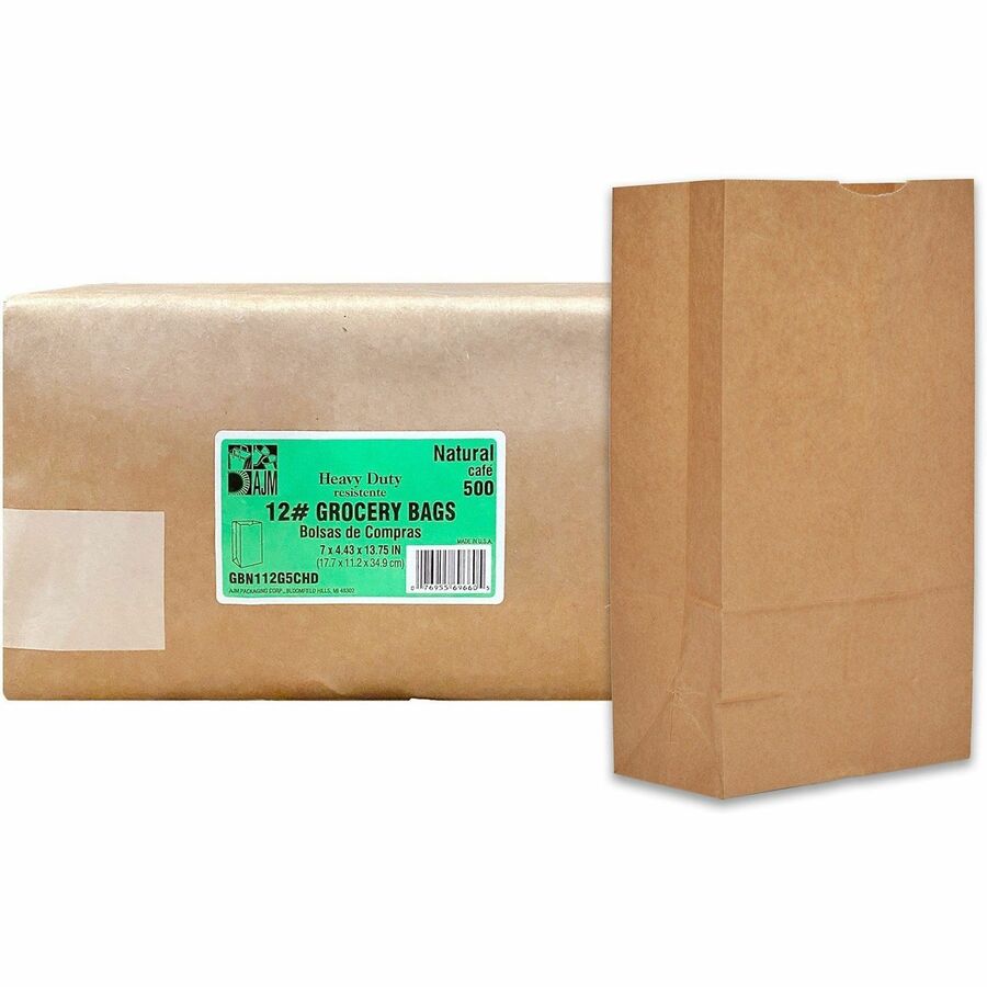 AJM #12 Squat Heavy-Duty Kraft Paper Grocery Bags - #12 - Natural Kraft - Paper - Grocery, Supplies - 500 / Carton