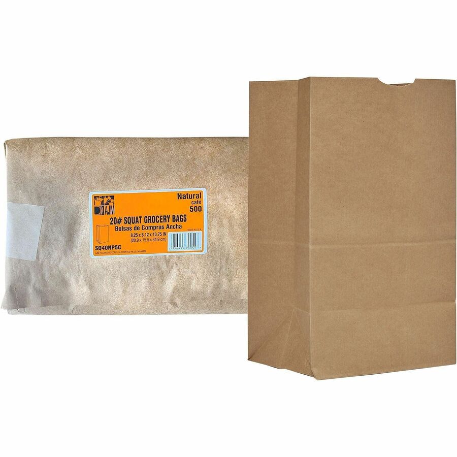 AJM #20 Squat Kraft Paper Grocery Bags - #20 - Natural Kraft - Paper - Grocery, Supplies - Recycled - 500 / Carton