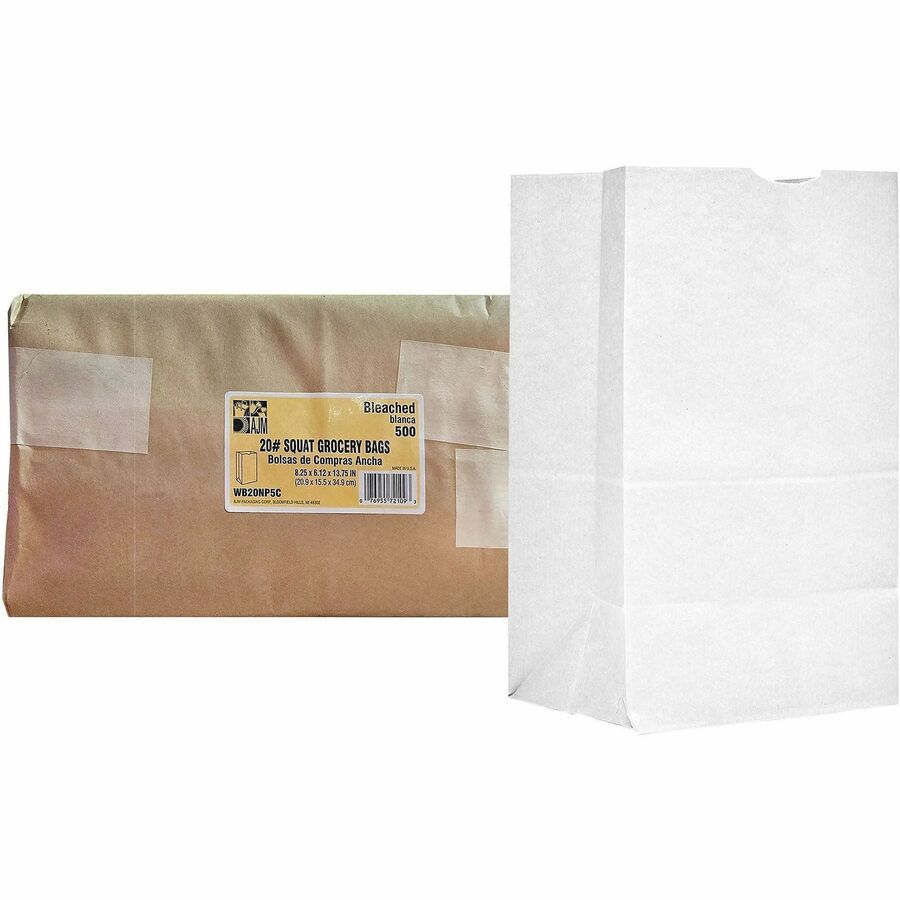 AJM #20 Squat White Paper Grocery Bags - #20 - Bleached Kraft - Paper - Grocery, Supplies - Recycled - 500 / Carton