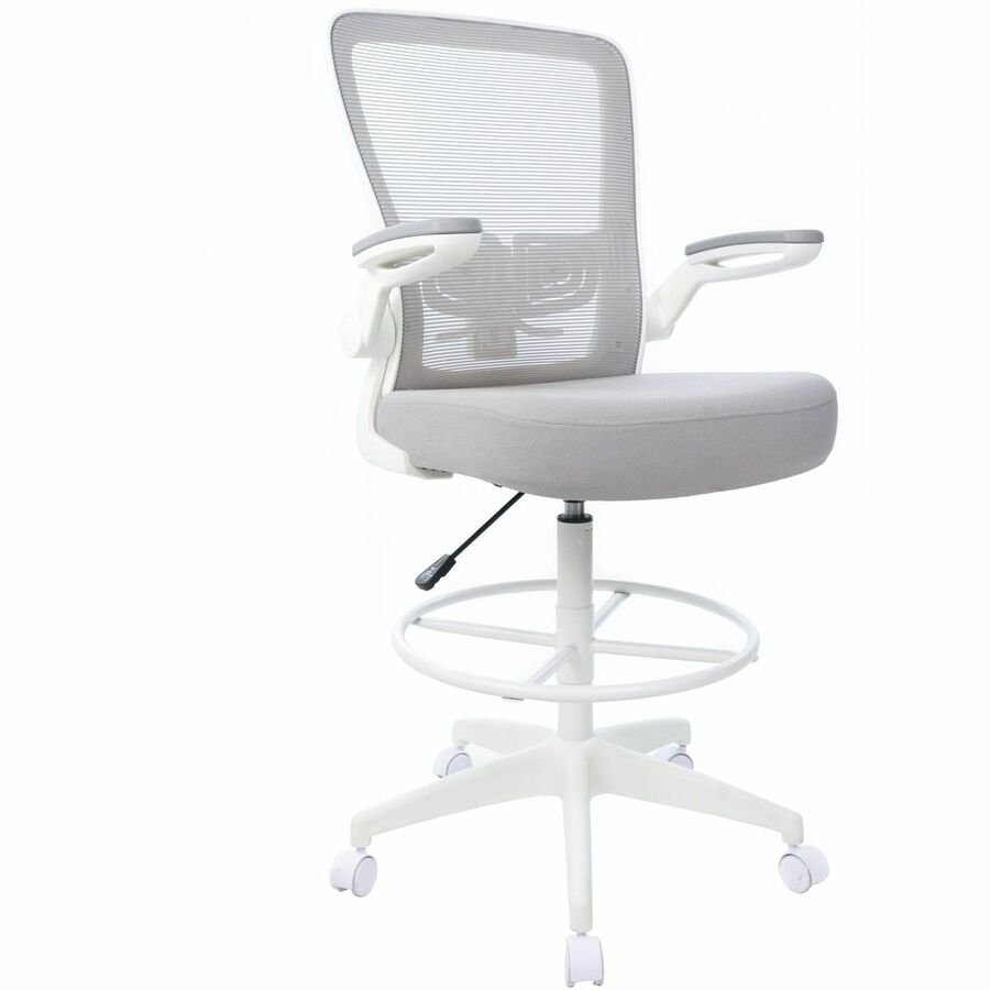 Boss Mesh Flip-Arm Stool - Gray Seat Color - Fabric, Foam Seat Material - Gray Back Color - Mesh Back Material - White Frame Color - 5-star Base - Gray - Mesh, Fabric, Chrome - Armrest - 1 Each