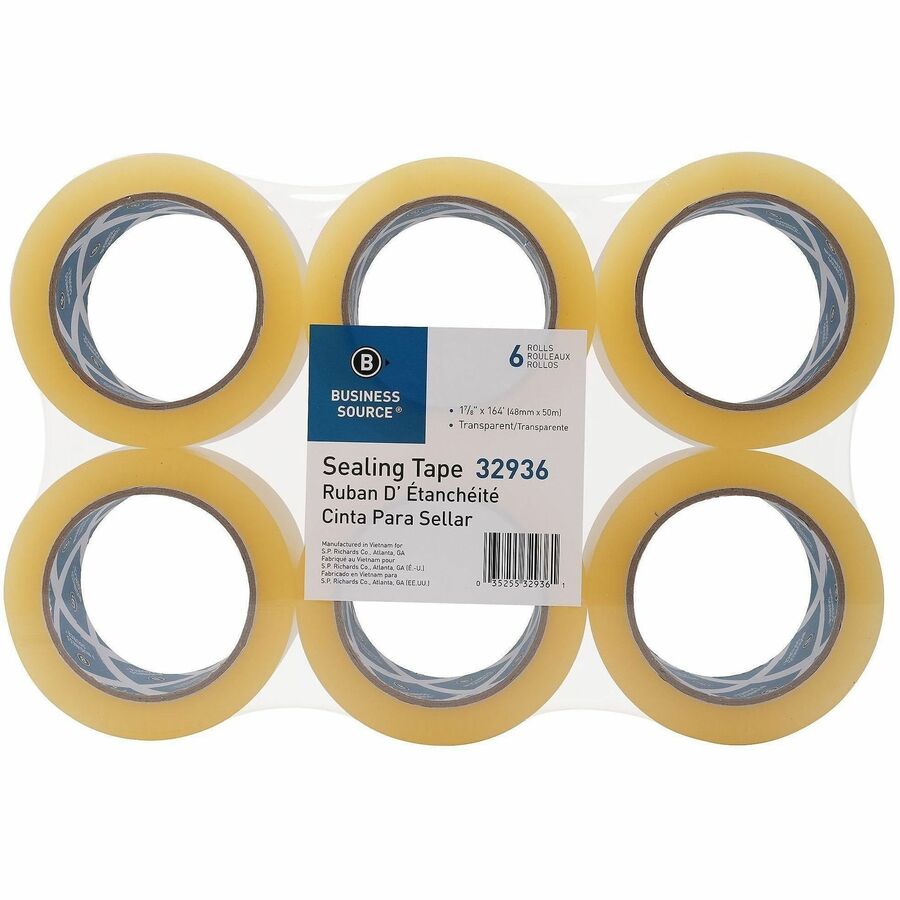 Business Source Heavy-duty Packaging Tape - 54.67 yd Length x 1.88" Width x 3.5 mil Thickness - 3" Core - Clear - Poly - Split Resistant, Abrasion Resistant, Moisture Resistant, Dirt Resistant, Dust Resistant - For Packaging, Sealing, Box - 6 / Pack