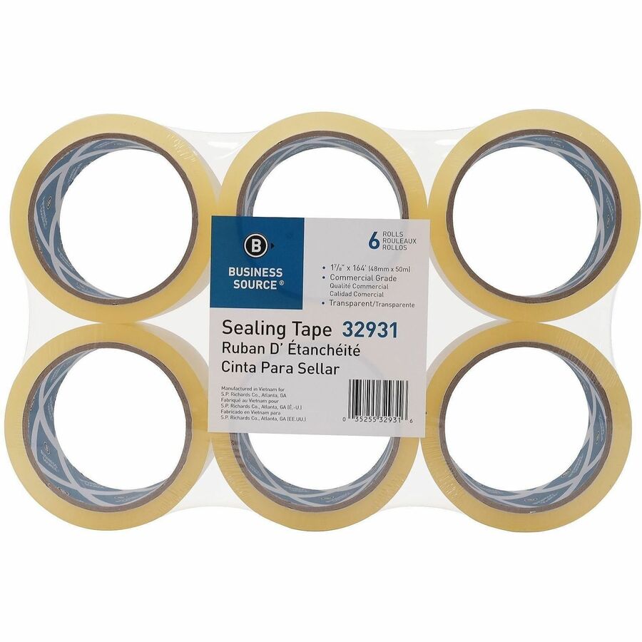Business Source 3" Core Sealing Tape - 164 yd Length x 1.87" Width x 1.6 mil Thickness - 3" Core - Clear - Split Resistant, Moisture Resistant, Abrasion Resistant - For Sealing, General Purpose - 6 / Pack