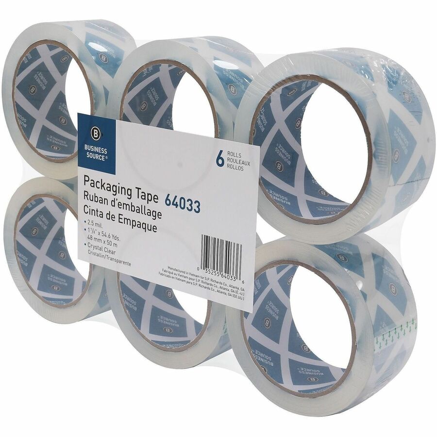 Business Source Crystal Clear Packaging Tape - 55 yd Length x 2" Width x 2.5 mil Thickness - 3" Core - Clear - Poly - Acrylic Adhesive - Abrasion Resistant, Split Resistant, Moisture Resistant, Dust Resistant, Dirt Resistant - For Packaging, General Pu...
