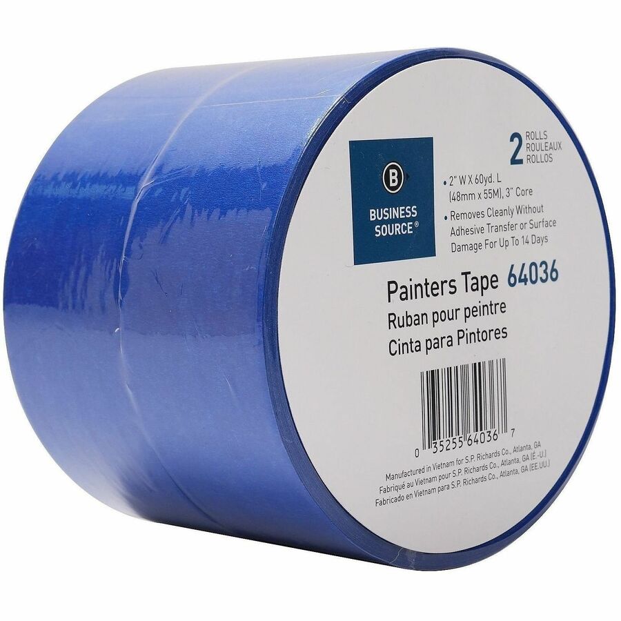 Business Source Multisurface Painter's Tape - 60 yd Length x 2" Width x 5.5 mil Thickness - Blue - For Multi Surface, Ceiling, Baseboard, Door, Window, Trim - 2 / Pack