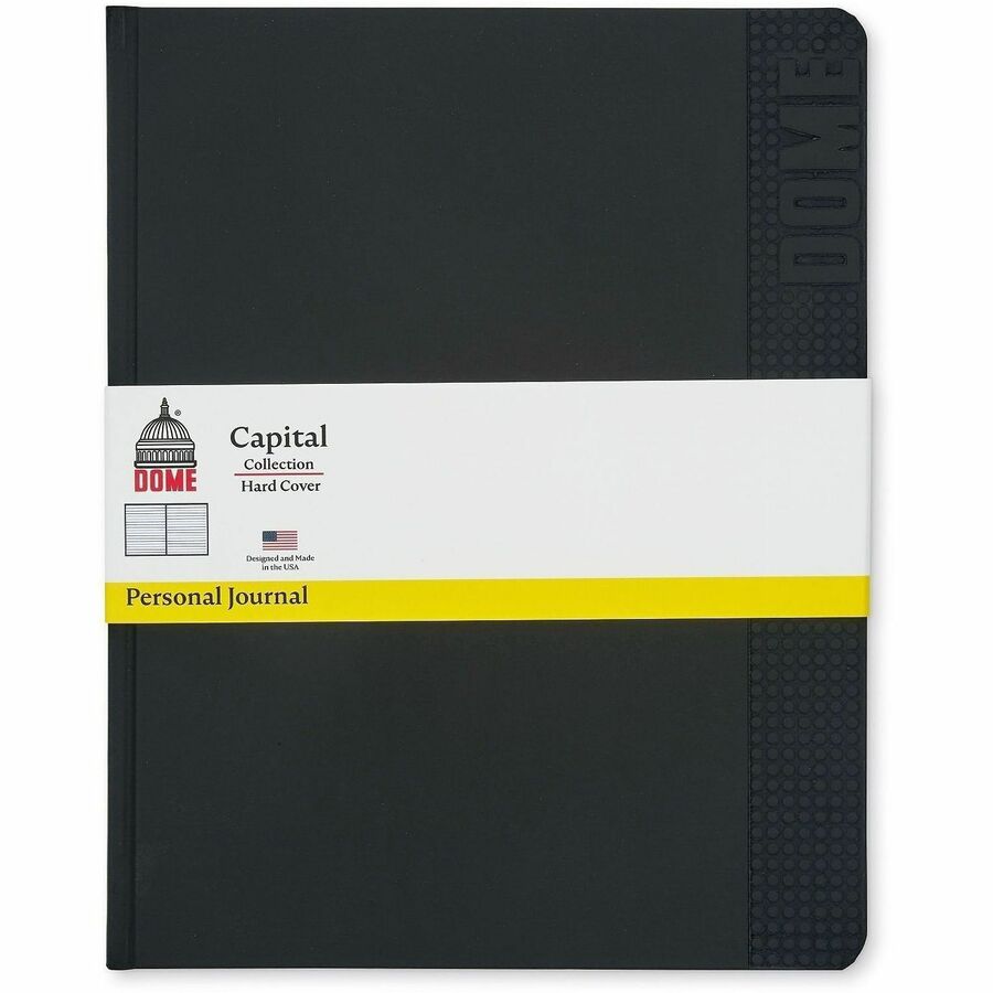 Dome Personal Journal - 8 x 10 Inch Hardcover Black Lined Journal Notebook - 192 Pages - 60 lb Basis Weight - 8" x 10" Sheet Size - Bright White Paper - Black Cover - Acid-free Paper, Pocket, Bleed Resistant, Expandable Pocket, Eco-friendly, Durable, H...