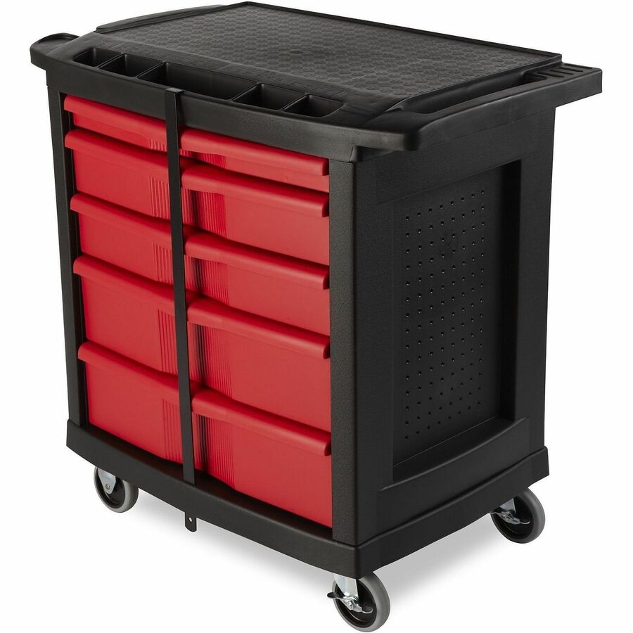 Rubbermaid Commercial 5-Drawer Mobile Work Center - 5 Drawer - 250 lb Load Capacity - 4 Casters - 4" Caster Size - 32.63" Length x 19.90" Width x 33.50" Height - Black, Red - 1 Each