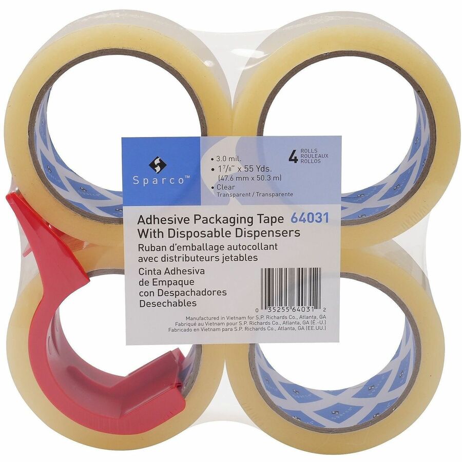 Sparco Heavy-duty Packaging Tape w/Dispenser - 3 mil Thickness - 3" Core - Clear - Acrylic Adhesive - Dispenser Included - Temperature Resistant, UV Resistant, Tear Resistant, Split Resistant, Break Resistant - For Packaging, Metal, Glass, Polycarbonat...