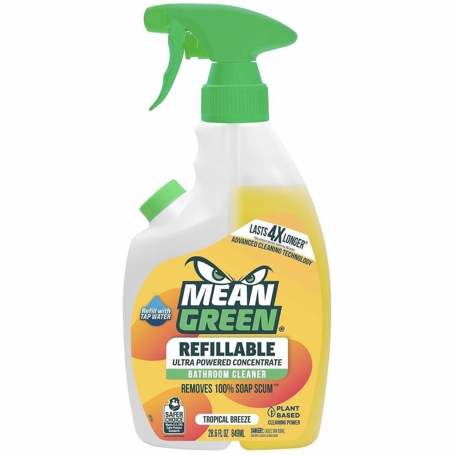 Mean Green Refillable Bathroom Cleaner - For Bathroom, Multi Surface - Concentrate - Spray, Liquid - 28.6 fl oz (0.9 quart) - 2 to 3.5 pH - Tropical Breeze Scent - Recommended For: Soap Scum Remover, Stain Remover - Bleach-free, Refillable, Residue-fre...