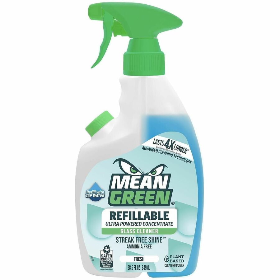 Mean Green Refillable Glass Cleaner Concentrate - For Faucet, Mirror, Glass - Concentrate - Spray - 28.6 fl oz (0.9 quart) - 11.5 pH - Fresh Scent - Recommended For: Fingerprint Remover, Smudge Remover, Streak Remover, Smear Remover, Stain Remover - Bl...