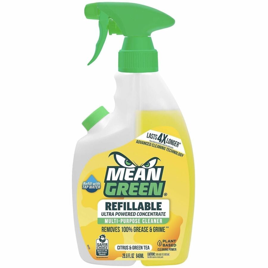 Mean Green Refillable Bathroom Cleaner - For Multi Surface, Multipurpose - Concentrate - Spray, Liquid - 28.6 fl oz (0.9 quart) - Citrus & Green Tea Scent - Recommended For: Grease Remover, Grime Remover - Bleach-free, Refillable, Residue-free - Yellow...
