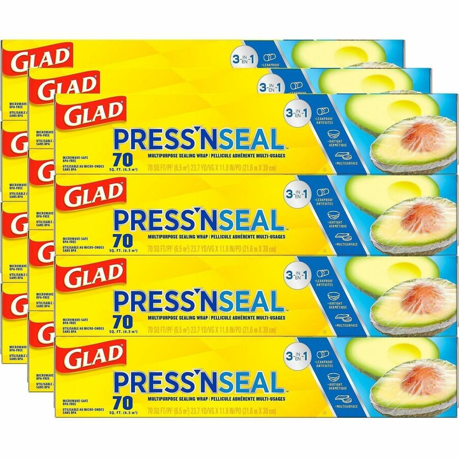 Glad Press'N Seal Multipurpose Wrap - 11.80" Width x 71.10 ft Length - Leak Proof, BPA Free, Microwave Safe, Airtight - Plastic - Frosted Clear - 12 / Carton