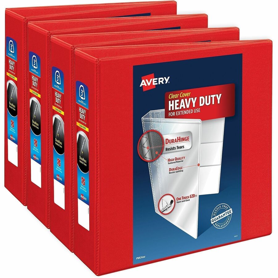 Avery®, One Touch Ring Heavy-Duty View Binder - 3" Binder Capacity - 670 Sheet Capacity - 3 1/2" Spine Width - 3 x 3" Ring - Fastener: D-Ring - Pocket: 4, Internal - Linen pattern - Polypropylene, Plastic - Red - Heavy Duty, One Touch Ring, Long Las...