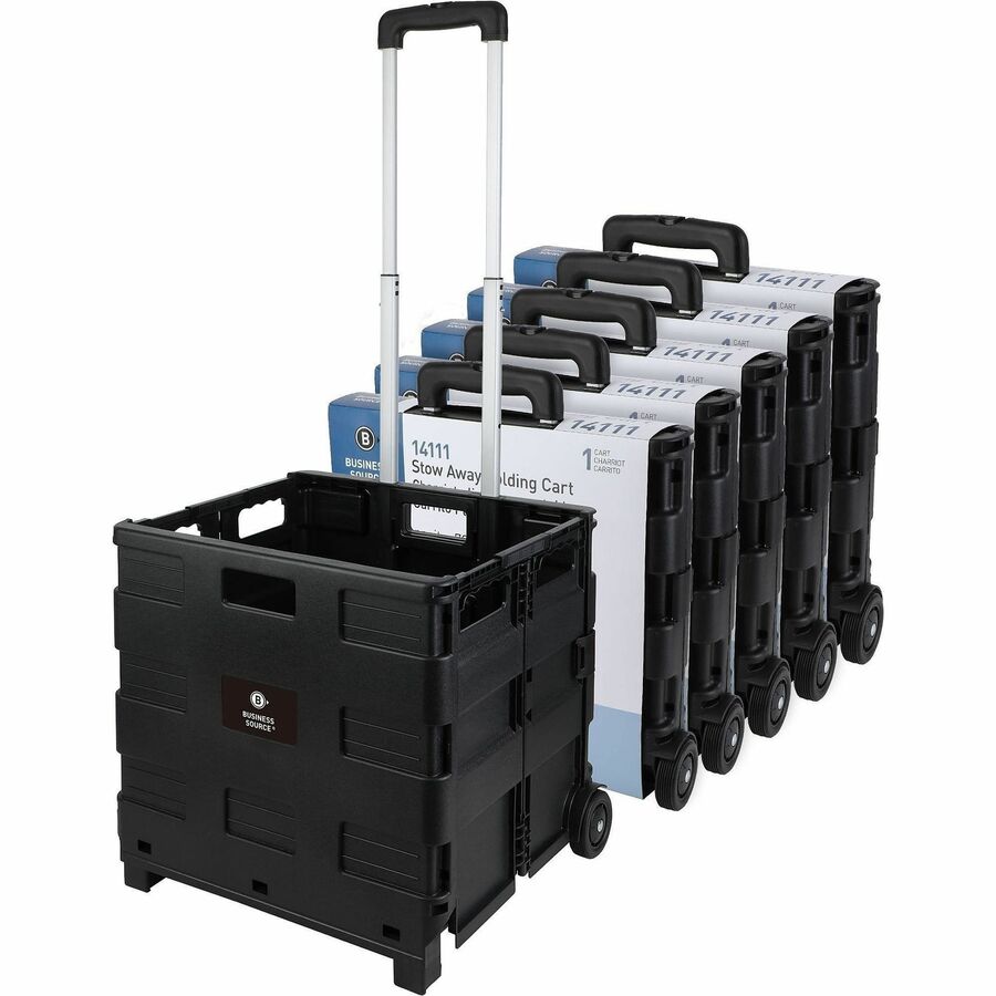 Business Source Stow-and-Go Mobile Storage Crate - Telescopic Handle - 60 lb Load Capacity - 12.72 gal Volume Capacity - 2 Casters - 18.25" Width x 15" Depth x 39.37" Height - Black - 6 / Carton