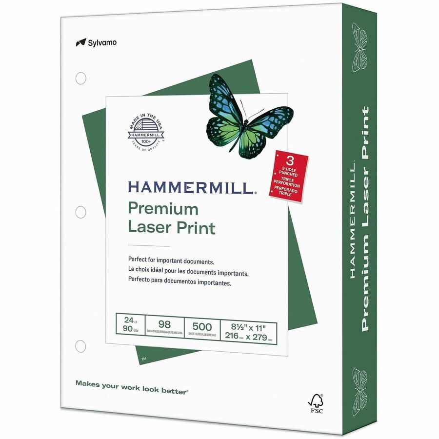 Hammermill Premium 3HP Laser Print Paper - White - 3-Hole Punched - 98 Brightness - Letter - 8 1/2" x 11" - 24 lb Basis Weight - Ultra Smooth - Jam-free, Acid-free, Archival-safe - White - 500 Sheets per Ream - 10 / Carton