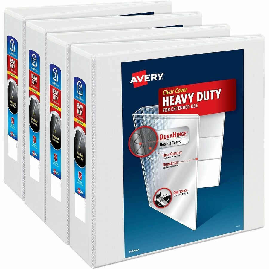Avery®, One Touch Ring Heavy-Duty View Binder - 3" Binder Capacity - 670 Sheet Capacity - 3 1/2" Spine Width - 3 x 3" Ring - Fastener: Slant D-Ring - Pocket: 4, Internal - Linen pattern - White - Heavy Duty, One Touch Ring, Long Lasting, Tear Resist...