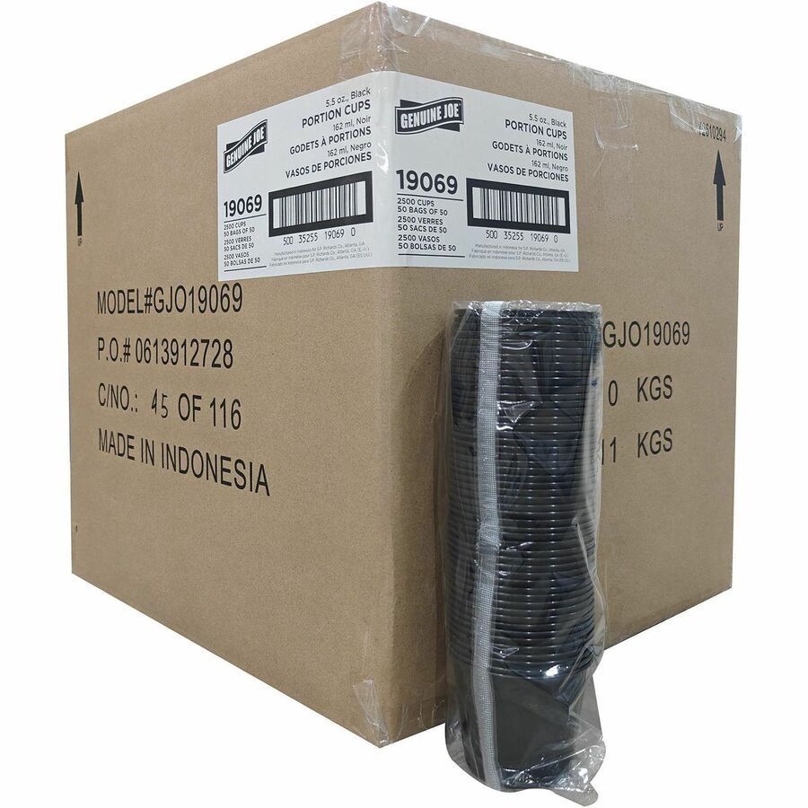 Genuine Joe 5.5oz Portion Cups - 5.50 fl oz - Leak Proof Closure - Black - 50 / Carton