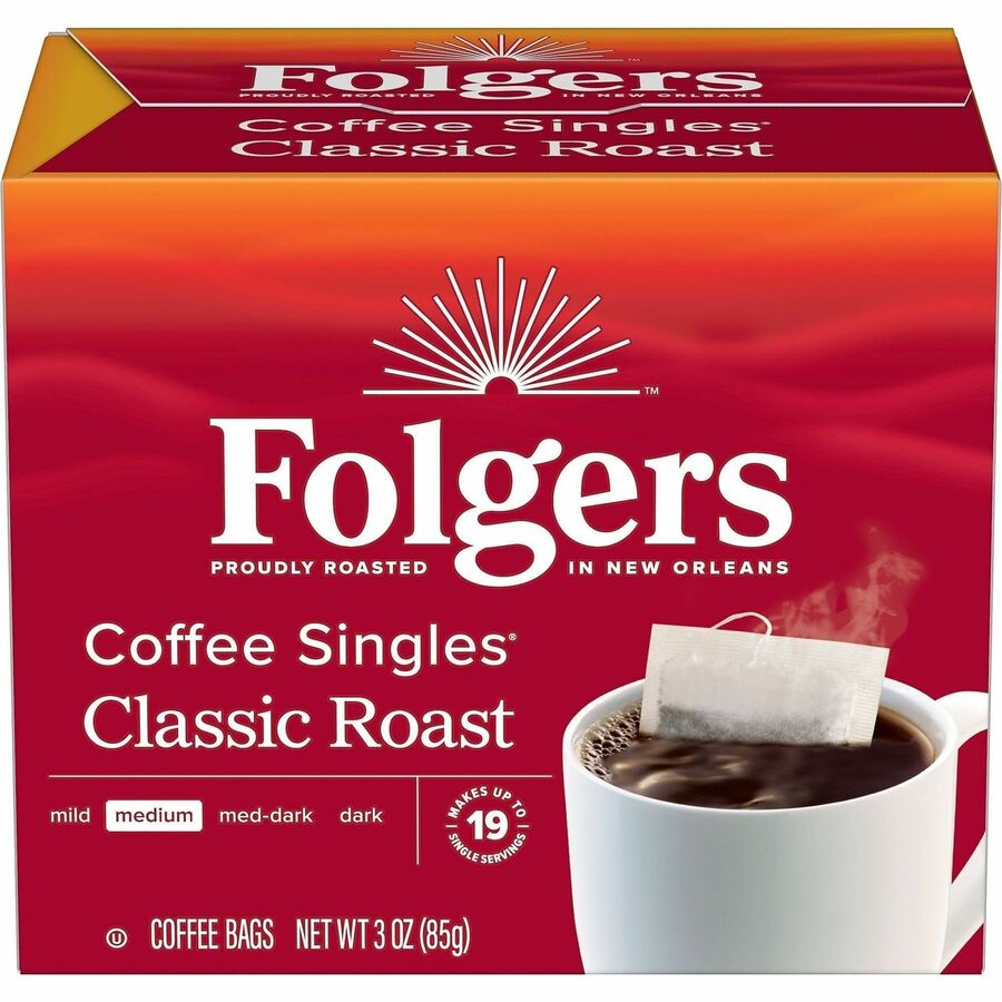 Folgers®, Bag, Instant, Packet Singles Medium-Roast Coffee Bags - Medium - Bag, Instant, Packet - Classic Roast - Kosher - 19 / Box