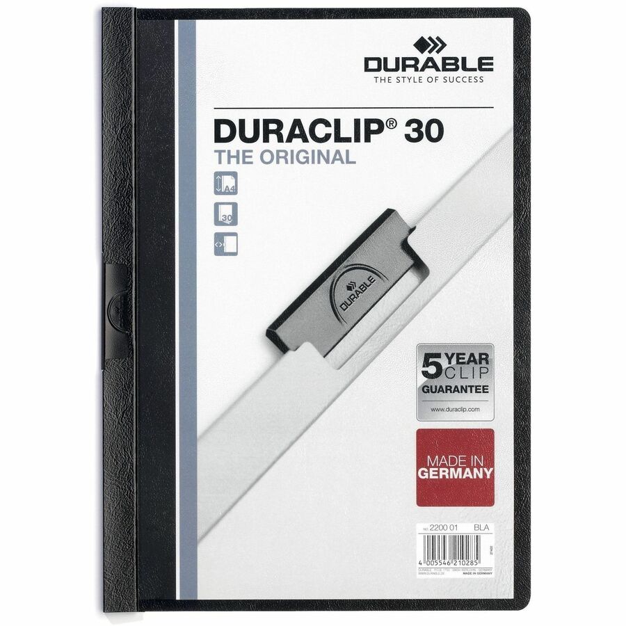 DURACLIP Letter Report Cover with Fastener - 8 1/2" x 11" - 30 Sheets Capacity - Clip Fastener - Vinyl, Plastic, Unplasticized Polyvinyl Chloride (uPVC) - Black, Transparent - Sturdy - 0% Recycled - 25 / Box
