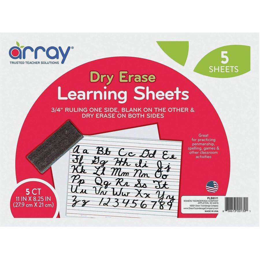Array 2-Sided Dry-Erase Learning Sheets - White Sheet Color - 11" Length x 8 1/4" Width - Non-adhesive, Ruled, Wipeable, Recyclable - 5 / Pack