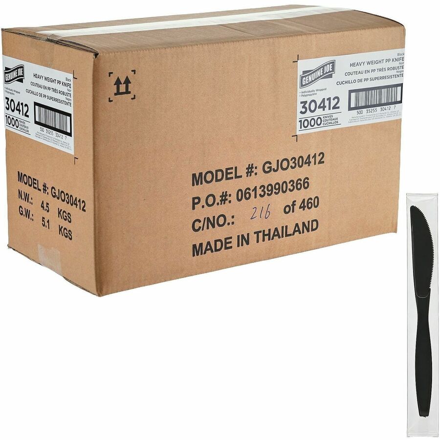 Genuine Joe Heavy-Weight Polypropylene Cutlery - Cutlery Set - Fork - Knife - Food, Cafeteria - Disposable - Polypropylene - Black - 1 Carton