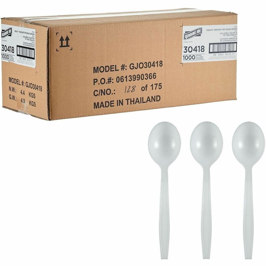 Genuine Joe Heavy-Weight Polypropylene Cutlery - Soup Spoon - Soup Spoon - Food, Cafeteria, Breakroom - Disposable - Polypropylene - White - 1 Carton