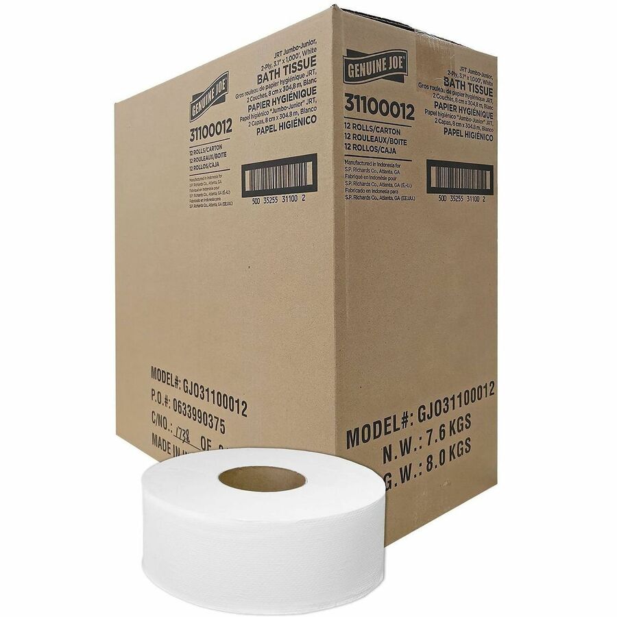 Genuine Joe Jumbo 2-Ply Bathroom Tissue - 2 Ply - 37.20" Width x 1000 ft Length - White - 1 Carton