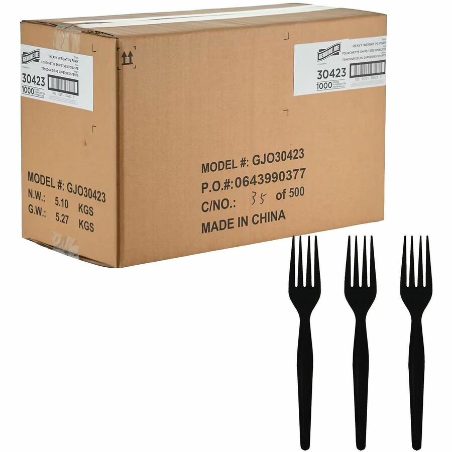 Genuine Joe Disposable Polystyrene Cutlery - Fork - Fork - Food, Cafeteria - Disposable - Polystyrene - Black - 1 Carton