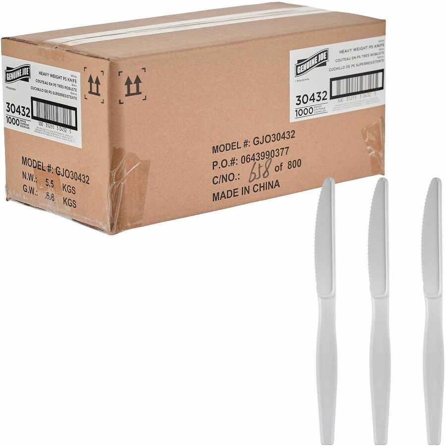 Genuine Joe Disposable Polystyrene Cutlery - Knife - Knife - Food, Cafeteria, Breakroom - Disposable - Polystyrene - White - 1 Carton