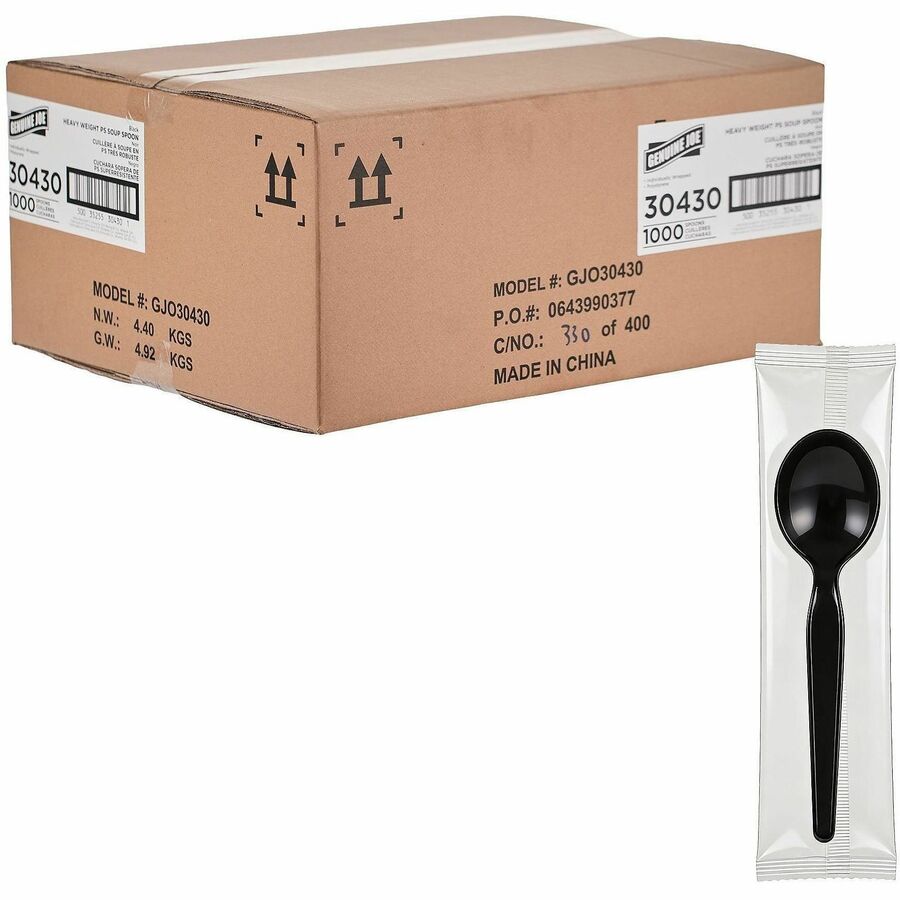 Genuine Joe Disposable Polystyrene Cutlery - Soup Spoon - Soup Spoon - Food, Cafeteria, Breakroom - Disposable - Polystyrene - Black - 1 Carton