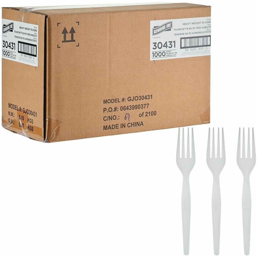 Genuine Joe Disposable Polystyrene Cutlery - Fork - Fork - Food, Cafeteria, Breakroom - Disposable - Polystyrene - White - 1 Carton