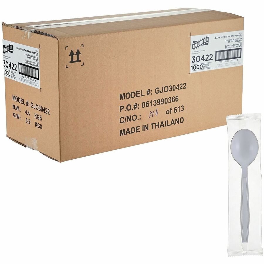 Genuine Joe Heavy-Weight Polypropylene Cutlery - Cutlery Set - Soup Spoon - Fork - Food, Cafeteria - Disposable - Polypropylene - White - 1 Carton