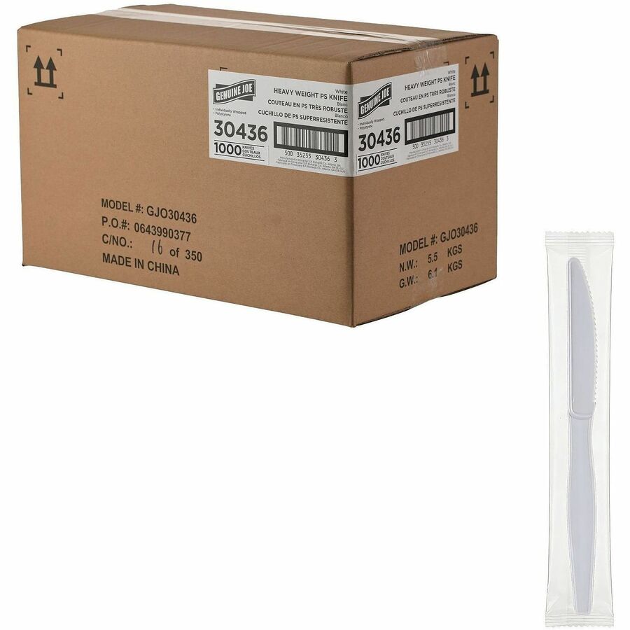 Genuine Joe Disposable Polystyrene Cutlery - Knife - knife - Food, Cafeteria, Breakroom - Disposable - Polystyrene - White - 1 Carton