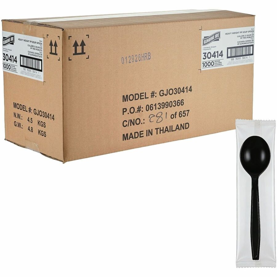 Genuine Joe Heavy-Weight Polypropylene Cutlery - Cutlery Set - Soup Spoon - Fork - Food, Cafeteria - Disposable - Polypropylene - Black - 1 Carton