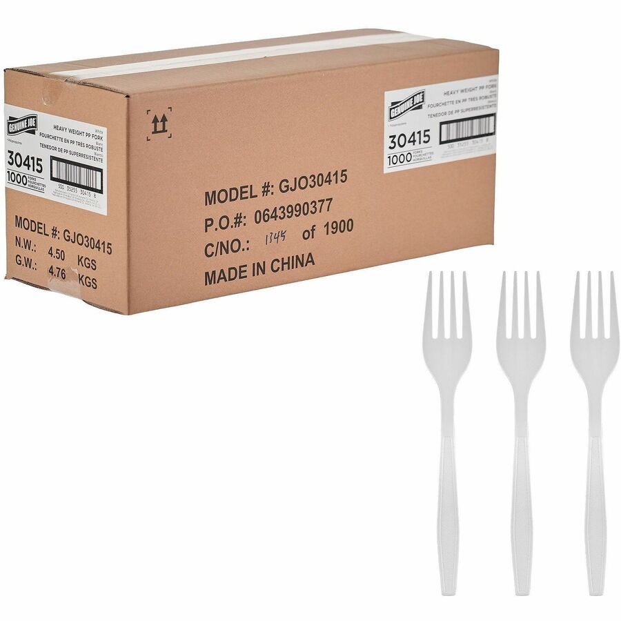 Genuine Joe Heavy-Weight Polypropylene Cutlery - Fork - Fork - Food, Cafeteria - Disposable - Polypropylene - White - 1 Carton