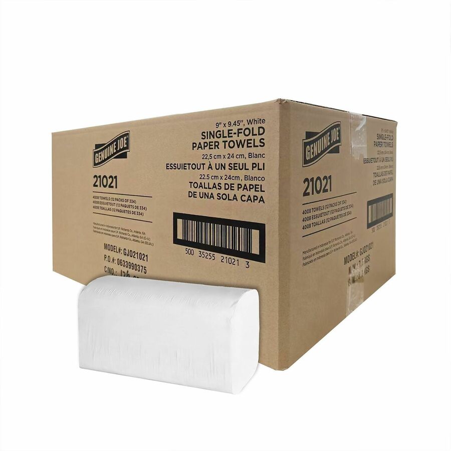Genuine Joe Single-Fold Towels - Singlefold - White - 1 Carton