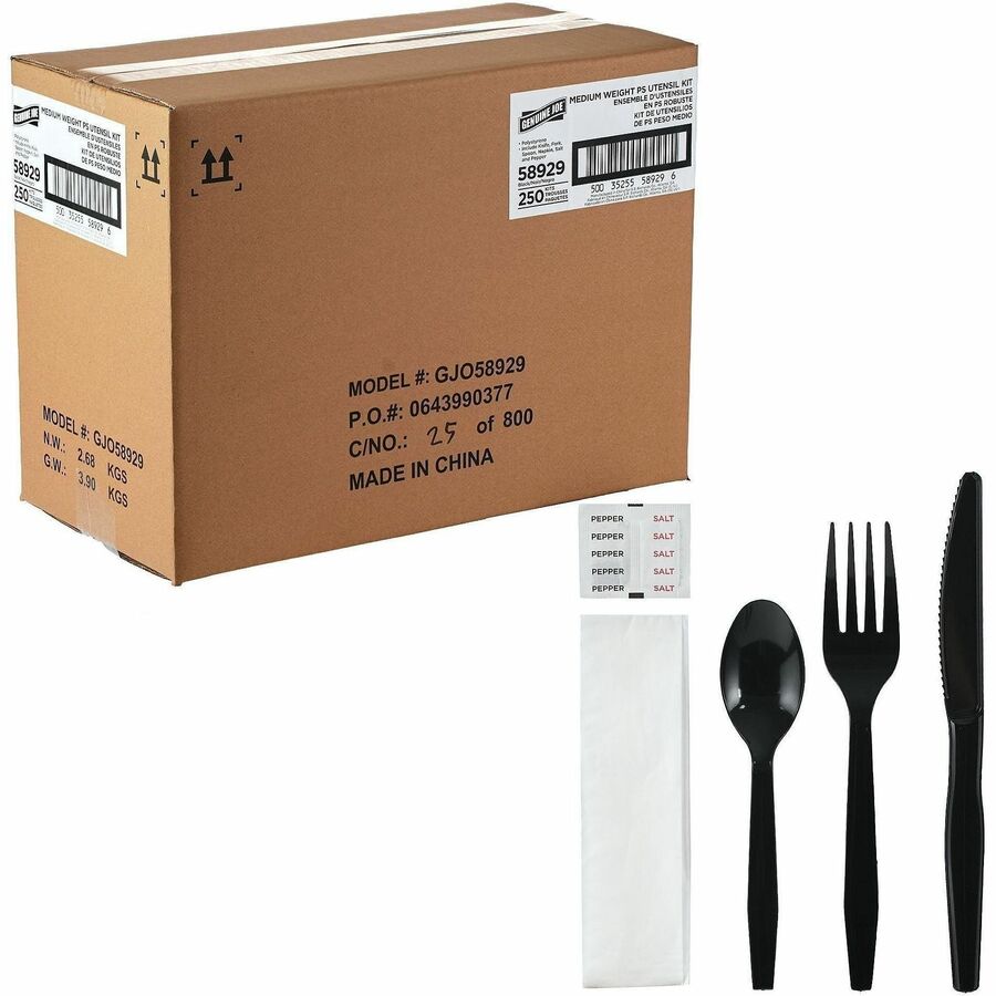 Genuine Joe 6-Piece Medium-Weight Utensil Kit - 6 Piece(s) - Cutlery Set - Spoon - Fork - Knife - Breakroom - Disposable - Polystyrene - Black - 1 Carton