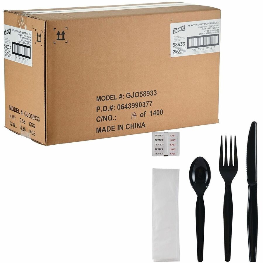 Genuine Joe 6-Piece Heavyweight Utensil Kit - 6 Piece(s) - Cutlery Set - Spoon - Fork - Knife - Breakroom - Disposable - Polystyrene - Black - 1 Carton