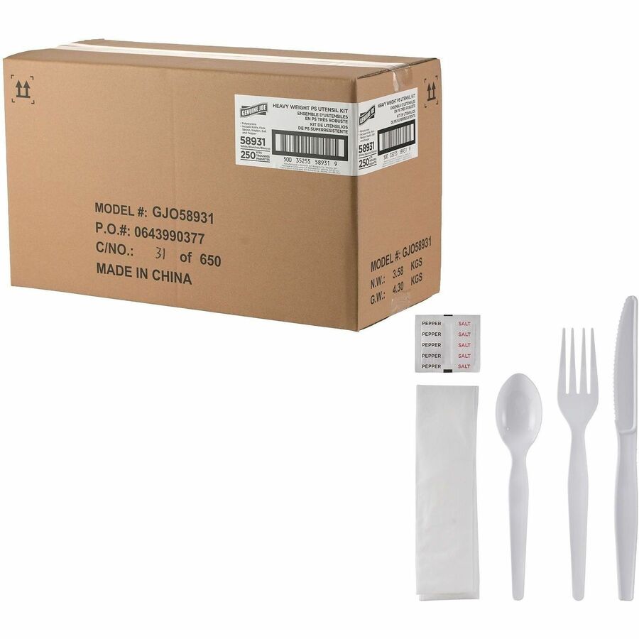 Genuine Joe 6-Piece Heavyweight Utensil Kit - 6 Piece(s) - Cutlery Set - Spoon - Fork - Knife - Breakroom - Disposable - Polystyrene - White - 1 Carton
