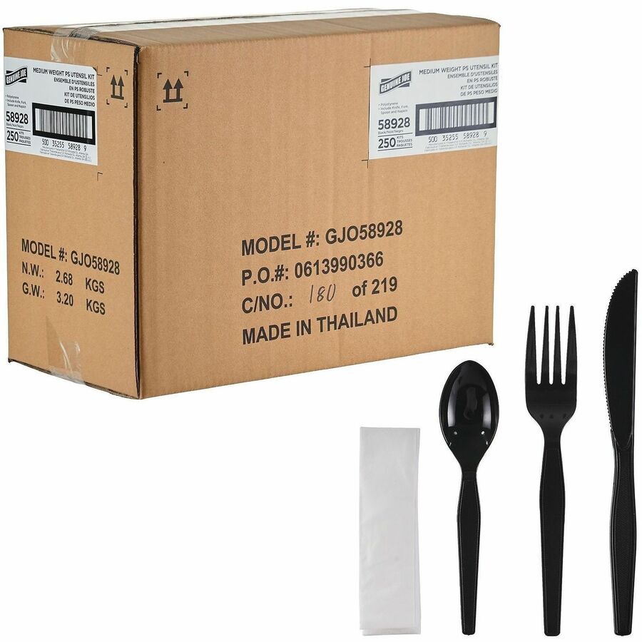 Genuine Joe 4-Piece Medium-Weight Utensil Kit - 4 Piece(s) - Cutlery Set - Spoon - Fork - Knife - Breakroom - Disposable - Polystyrene - Black - 1 Carton