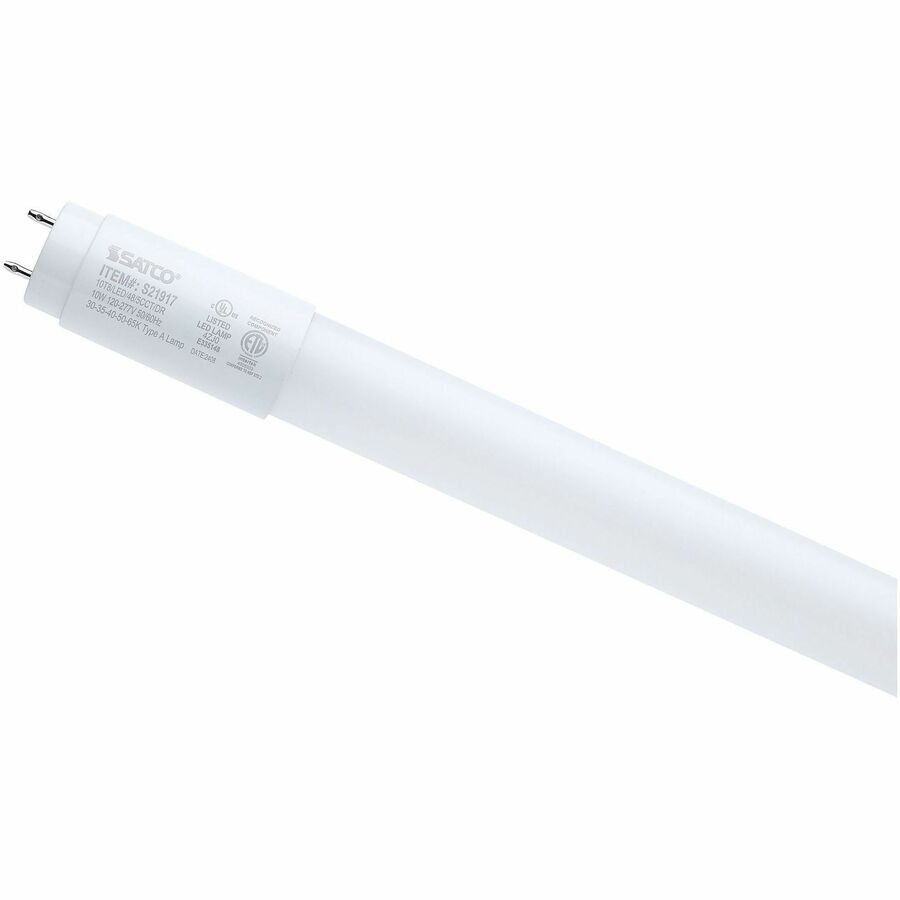 Satco LED Type-A T8 Tube Bulbs - 10 W - 1800 lm - Linear - T8 Size - Frosted - White, Soft White, Daylight Light Color - G13 Base - 50000 Hour - 6500°, K Color Temperature - 80 CRI - 220°, Beam Angle - Dimmable - 25 / Carton