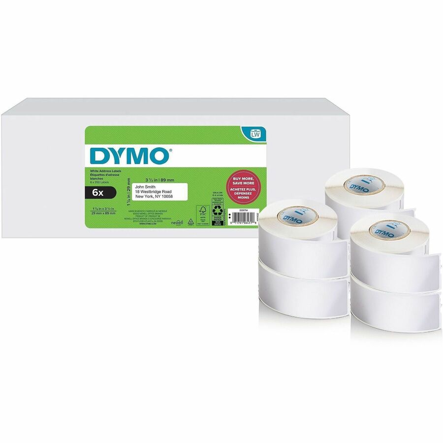 Dymo Multipurpose White Medium Labels - - DiameterRoll - Direct Thermal - White - 350 / Roll - 2100 Total Label(s) - For Label Printer - 6 / Pack