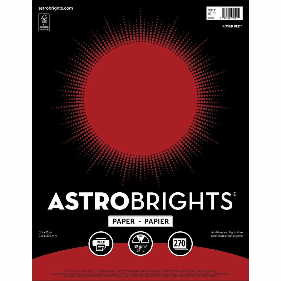 Astrobrights Colored Paper - Letter - 8 1/2" x 11" - 24 lb Basis Weight - Acid-free, Lignin-free, Archival-safe, Non-yellowing - Rover Red - 270 Sheets - 270 / Pack