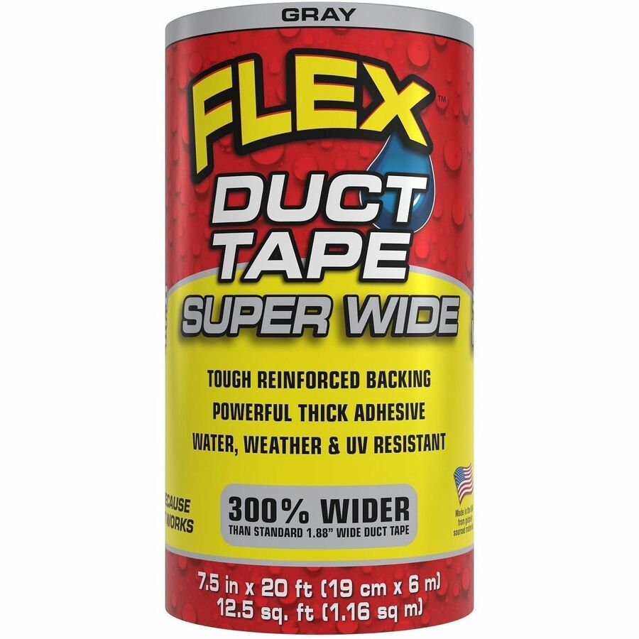 FLEX SEAL Super Wide Duct Tape - 20 ft Length x 7.50" Width - Gray - Rubber Adhesive - Water Resistant, Weather Resistant, UV Resistant - For Reinforcing, Box, Household, Repair, DIY, Sealing, Drafting, Window, Door, Furniture, Fabric, ... - 3 / Carton